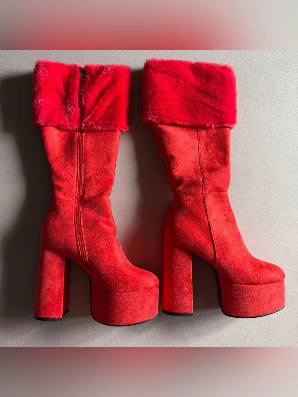 Red Suede Faux Fur-Trim Platform Boots